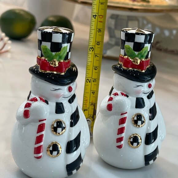 MacKenzie-Childs Courtly Check Snowman Salt & Pepper Set – New in Keepsake Box - Picture 8 of 12